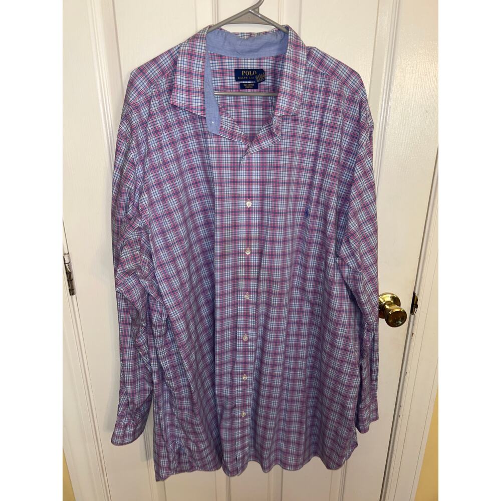 Polo Ralph Lauren Pink‎ & Blue Plaid Cotton Strecth LS Buttonup Size 3XLT